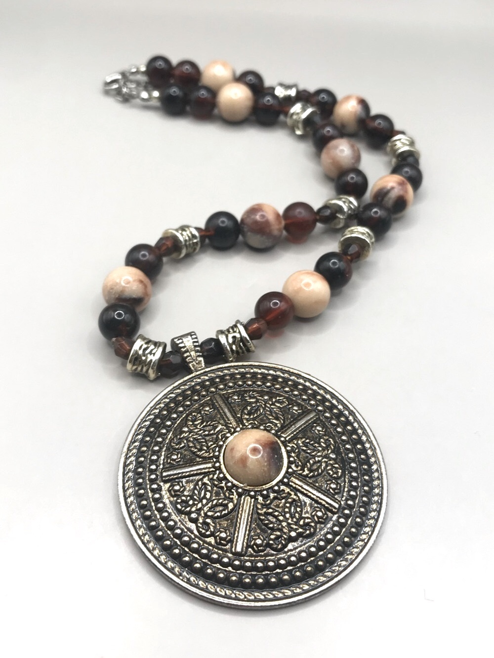 Antique-Style Round Medallion Necklace with Tan and Brown Beads